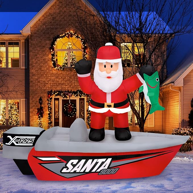 Holidayana Christmas Inflatables Large 6 ft Santa Fishing Boat - Inflatable Outdoor Christmas Decorations Blow Up X-mas Decorations for Yard, Lawn & Garden Internal Lights & Built-in Fan