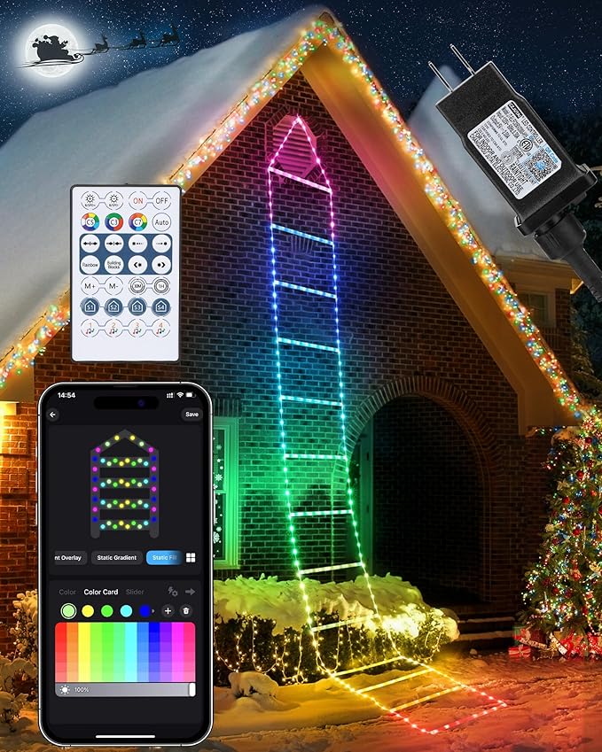 Toodour Outdoor Christmas Decorations Lights, Smart RGB Christmas Lights with Bluetooth & App Controlled, 10ft LED Ladder Light, Music Sync Color Changing Xmas Light for Home, Wall, Indoor Decor