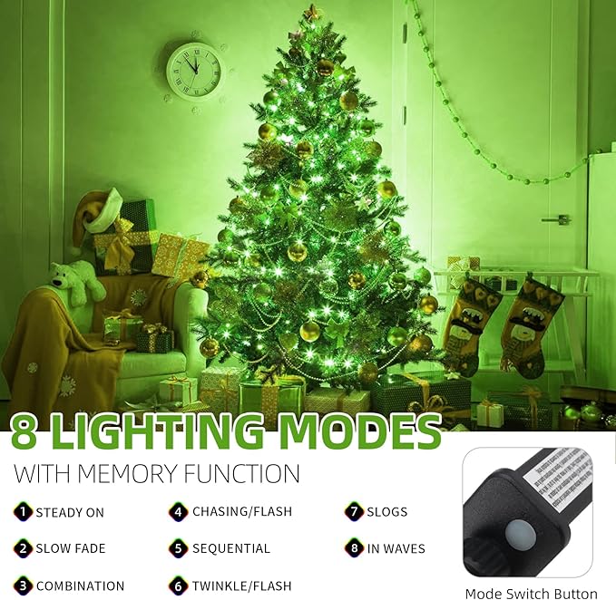 Upgraded 105FT 300LEDs Christmas Lights Outdoor Indoor String Lights 8 Modes Memory Function for Christmas Tree Party Decoration (Green)