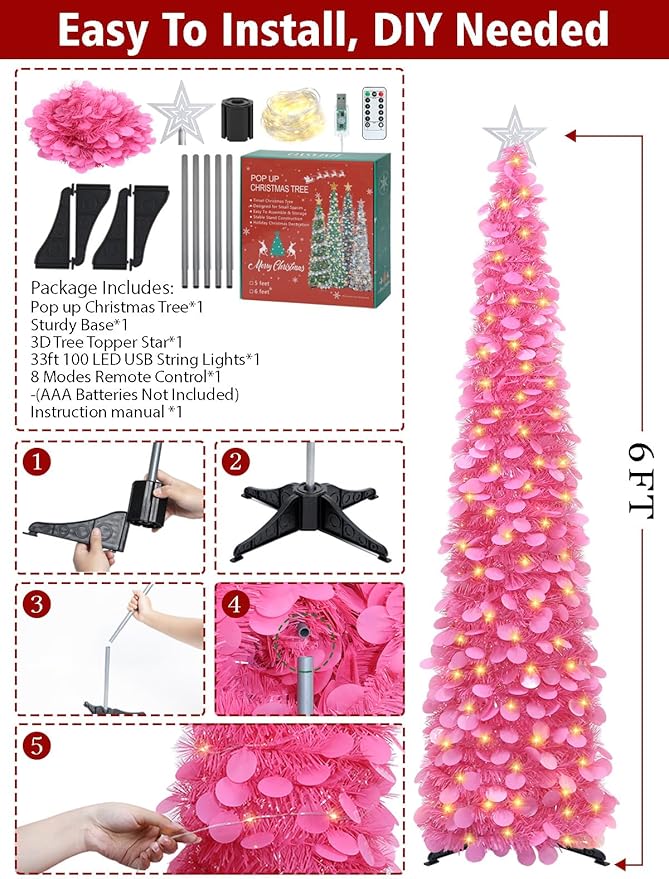 HMASYO 6 FT Pop Up Christmas Tree with 100 LED Lights & Remote, Hot Pink Christmas Tinsel Tree, Collapsible Artificial Pencil Tree for Home Office Party Decor, USB Powered Timer Lights, Easy Assembly