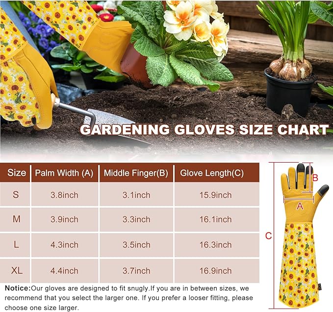DLY Gardening Gloves for Women, Rose Gloves Gardening Thorn Proof, Long Garden Gloves for Women, Breathable Cowhide Leather Gauntlet (Small, Yellow