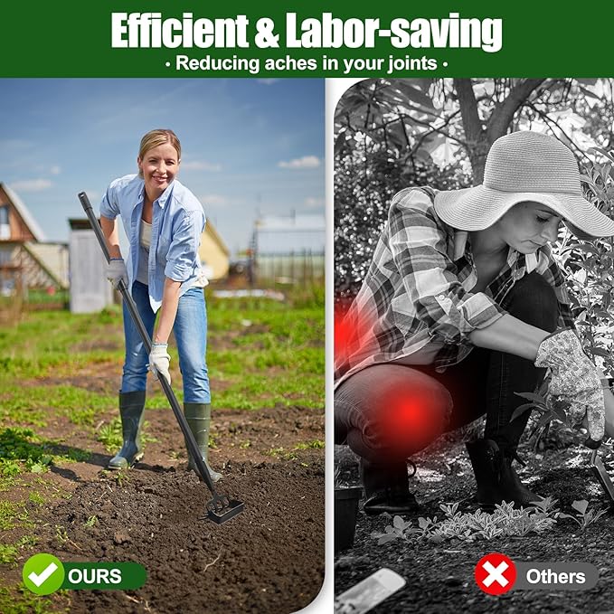 2-in-1 Garden Hoe Tool, Adjustable Length from 37 to 72inch, Ergonomic Design for Weeding and Raking, Durable and Rust-Proof Blade, Save Time and Effort