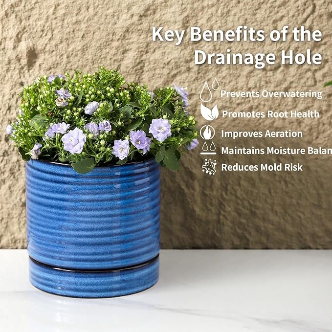 Hasense Ceramic Plant Pots, 4.6 Inch Succulent Flower Pots for Indoor Plants, Modern Glaze Planter with Drainage Hole and Saucer, Blue Mini Windowsill Tabletop Decor, Set of 4