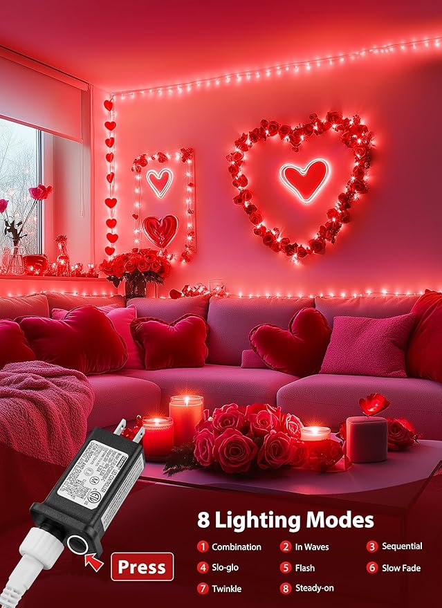 Red Christmas Mini Lights, 39Feet 100 LED Red String Lights with 8 Lighting Modes, Connectable Valentine's Lights for Indoor Outdoor Valentine's Day Garland Wreath Holiday Decoration, White Wire