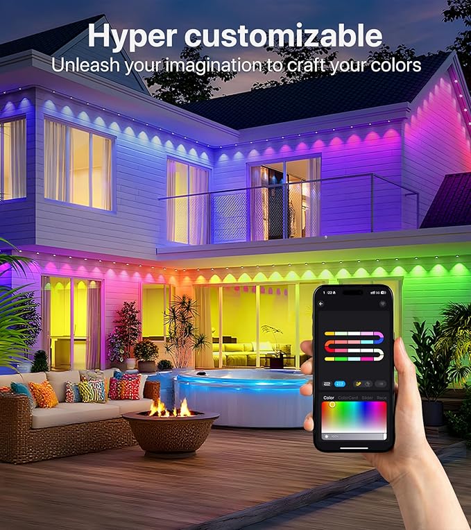 Permanent Outdoor Lights-200FT RGB+IC LED House Eave Light with Smart APP & Remote Control,120 LED Lights,72 Scene Modes, IP65 Waterproof String Lights for Christmas,Yard Decorations