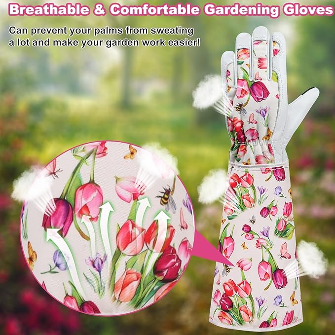 DLY Gardening Gloves for Women, Rose Gloves Gardening Thorn Proof, Long Garden Gloves for Women, Breathable Cowhide Leather Gauntlet(X-Large,White)