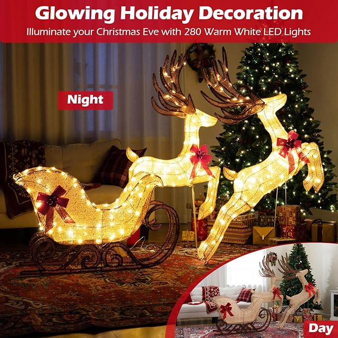 Tangkula 3-Piece Christmas Lighted Reindeer & Sleigh Set, 7 FT Lighted Xmas Holiday Outdoor Yard Decoration Set with Ground Stakes, Indoor & Outdoor Holiday Yard Display for Lawn, Garden