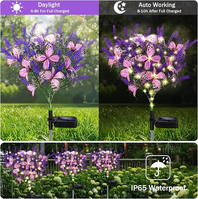 Kohlrabi Solar Garden Lights Outdoor, 2 Pack Solar Butterfly Lights Purple Lavender Gardening Gifts for Women, Artificial Flower with Butterfly Purple Garden Decor for Lawn Patio-Warm White