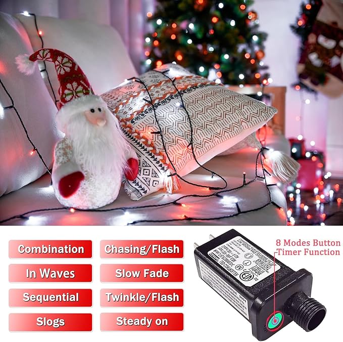 JMEXSUSS 66ft 200 LED Red and White Christmas Lights, Outdoor String Plug-in, Expandable for Tree Outside Party Home Decorations