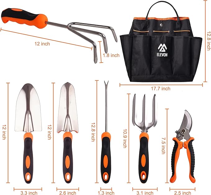 Elevon Gardening Tool Set, Stainless Steel Heavy Duty Gardening Kit with Ergonomic Handles, Durable Gardening Bag, Ideal Gardening Tool Set - Suitable for Men and Women (Orange, 7Piece)