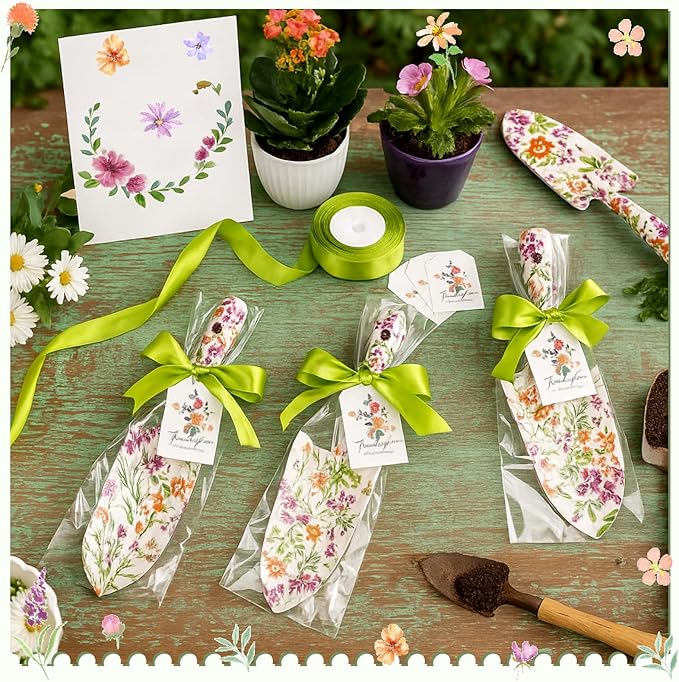 Capoda 12 Sets Floral Garden Shovels Bulk Gardening Gift for Women Mini Garden Tools Heavy Duty Floral Hand Trowels Thank You Cards with Gift Bags for Mom Birthday Teacher Employee(Green,Classic)