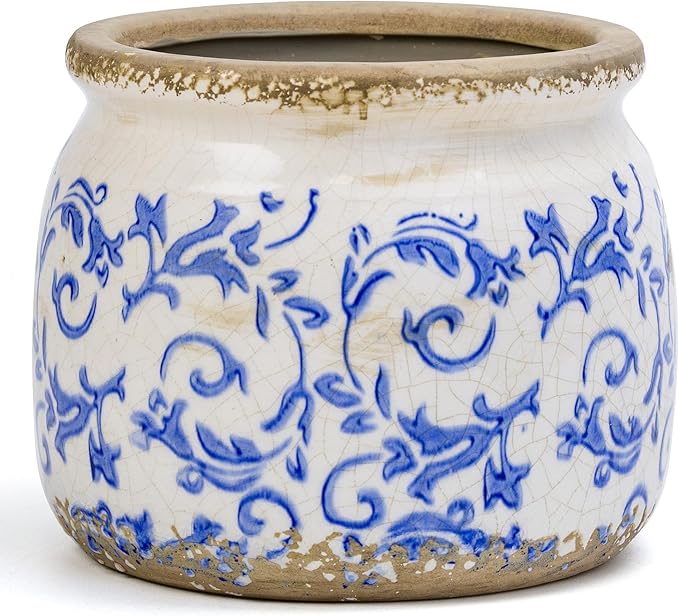 Vintage Ceramic Ice Crack Flower Pot with Drainage Holes, Country Rustic Planters for Indoor and Outdoor,Tuscan Decor,Home,Living Room, Garden Decor, Gardening Gift (Tropical)