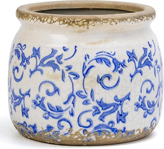 Vintage Ceramic Ice Crack Flower Pot with Drainage Holes, Country Rustic Planters for Indoor and Outdoor,Tuscan Decor,Home,Living Room, Garden Decor, Gardening Gift (Tropical)