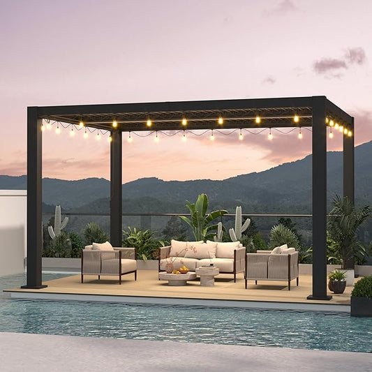 LVUYOYO Outdoor Louvered Pergola 10' x 13' with LED String Lights, Aluminum Pergola with Adjustable Roof, Waterproof Metal Gazebo for Patio, Backyard, Garden, Deck (10x13FT with Lights)