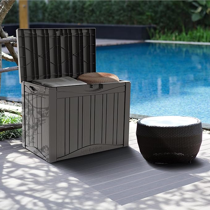 50GAL Brown Deck Box with Special Pattern & Lock Hole – Waterproof, SGS - Approved UV Resistance, Stylish Storage for Outdoor Cushions & Decor, Effortless Assembly