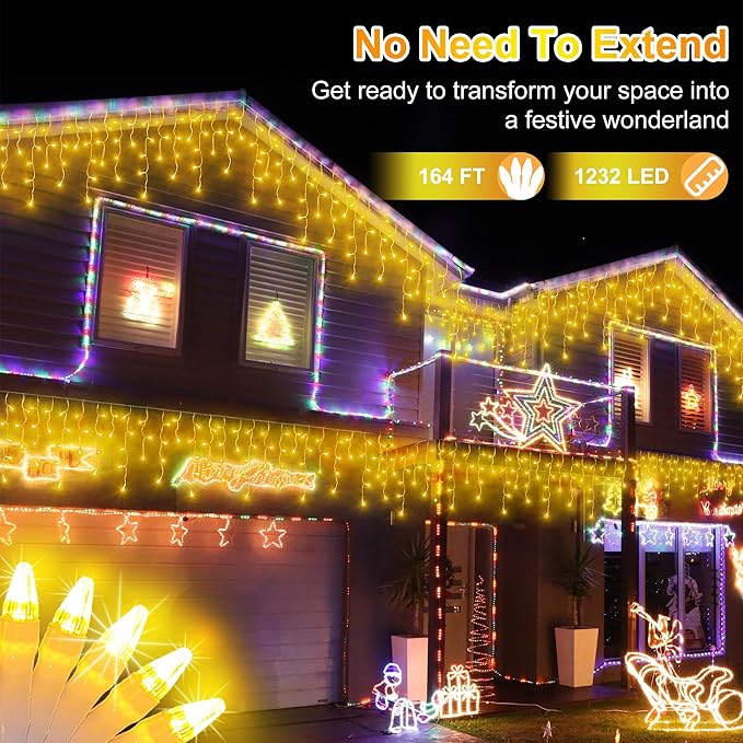 1296LED Christmas Lights with 288 Drops, 131ft 8 Modes Christmas String Lights Outdoor, Waterproof Christmas Decorations Fairy Lights with Timer Memory for Xmas Party Patio Window Fence Warm White
