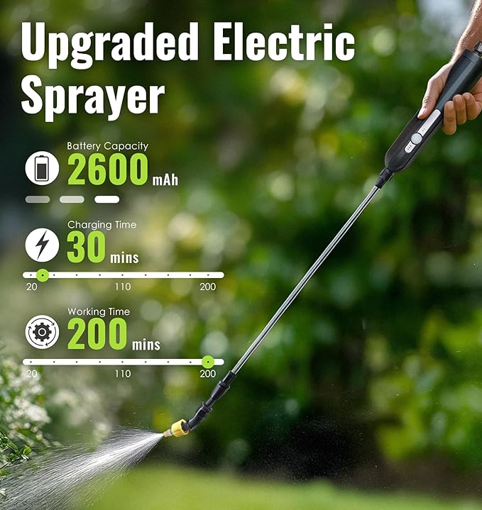 2 Gallon Battery Powered Sprayer, Rechargeable Electric Sprayer with 2 Speeds, 4 Nozzles, Battery Indicator, Retractable Wand, Adjustable Padded Shoulder Straps and Storage Bag for Lawn and Garden