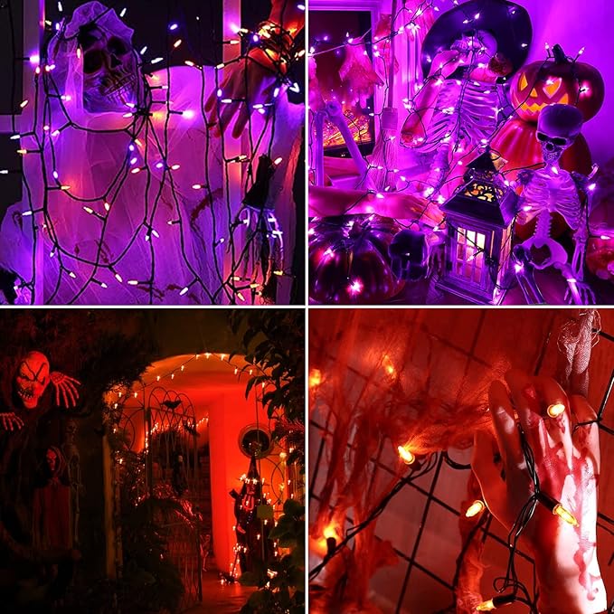 Halloween Lights 33ft 100 LED Battery String Lights with Motion Sensor Spooky Music or Battery Powered Orange & Purple 2 Colors in 1 Halloween Indoor Outdoor Decor
