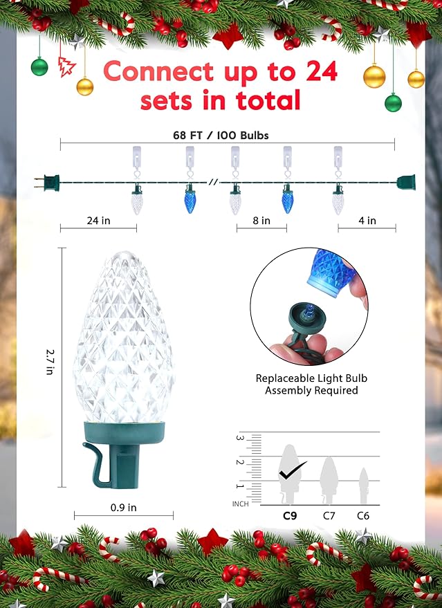 C9 LED Christmas Lights Outdoor, 68 Ft 100 LED String with clips, Waterproof Christmas Tree Lights for Outside Roofline, Garden Decor, Blue & White
