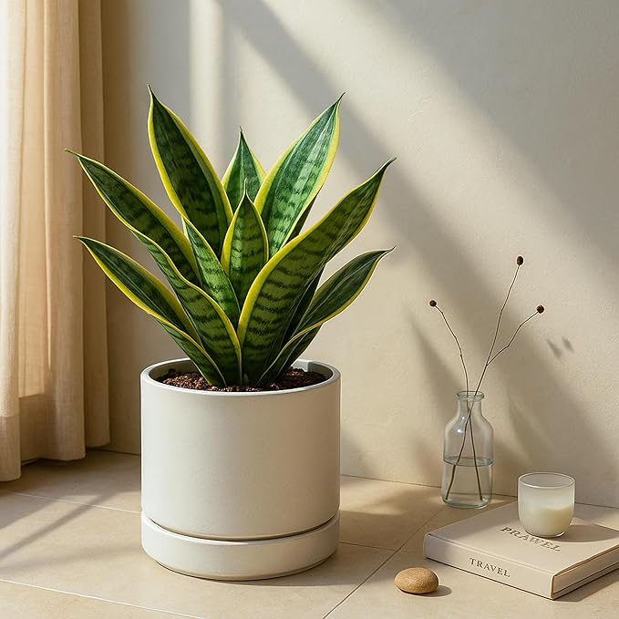 Phoenix Vine 8 Inch Planter Pot with Drainage Hole & Saucer, Deep Water Catch Tray, Straight Cylindrical Round Pot for Plants, Oatmeal, Pack of 1, 23-E-T-1