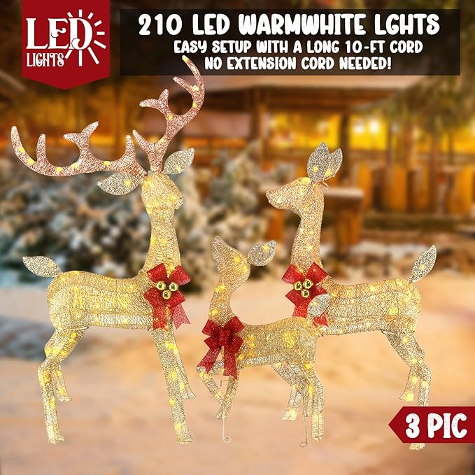 4ft Outdoor Christmas Reindeer Decor Set of 3 with 240 Warm White LEDs, Durable Metal Frame, Weatherproof Plush Fabric for Christmas Home Yard Garden Lawn Decorations, Easy Assembly, Gold