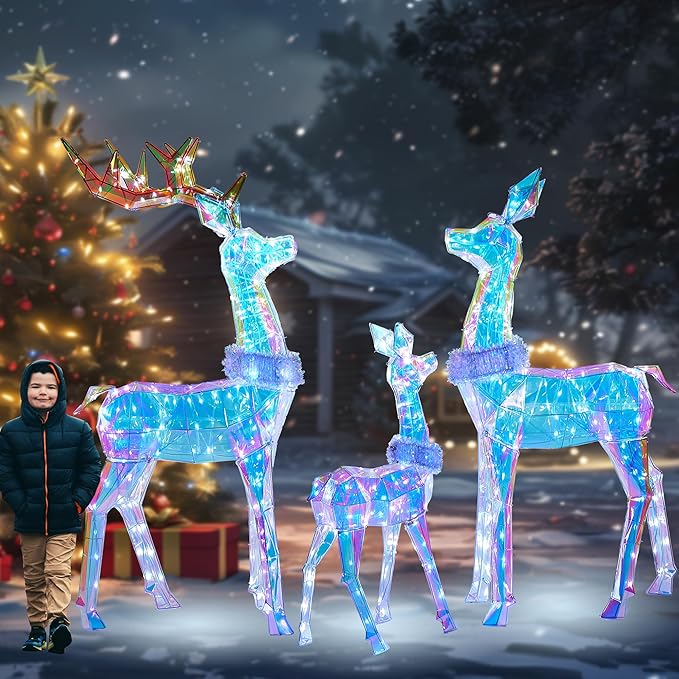 54 Inch 3D Colorful Large Lighted Christmas Deer Decorations 3-Piece Outdoor Holiday Decorations Reindeer Set with 245 Warm White LEDs, Large Yard Display for Garden, Storefront