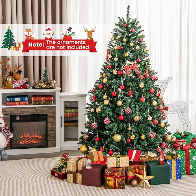 Goplus 6ft Artificial Douglas Christmas Tree, Unlit Hinged Xmas Full Tree with 1355 Branch Tips, Foldable Metal Base, Easy Assembly, Indoor Holiday Party Office Home Store Decor