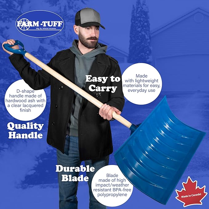 Farm-TUFF Heavy Duty Multi-Purpose Shovel - Snow, Barn, Grain, Industrial Use - Large Non-Stick Blade & Ash Hardwood D-Grip Handle - Durable & Lightweight Utility Scoop - Blue, 21.8in