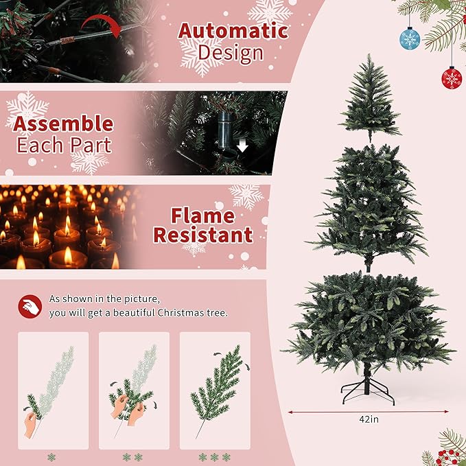 6.5 FT Pre-Lit Pencil Christmas Tree – 300 Warm White Lights, Auto-Hinged Expansion, Foldable Metal Stand, PE & PVC Construction – for Porch, Party, Office, and Home Decor