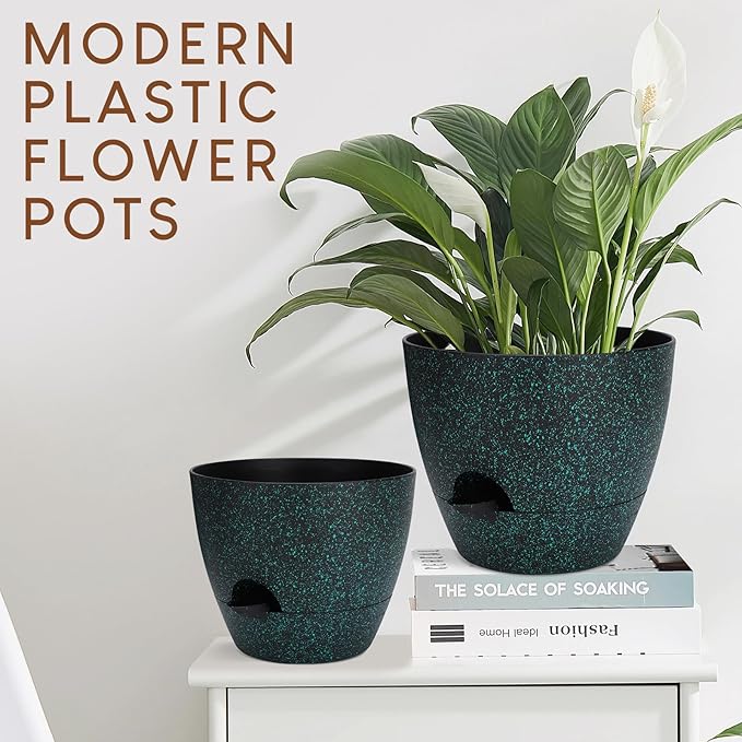 Plant Pots 10/9/8/7.5/7 inch, Self Watering Planters with Drainage Holes & Saucers for Indoor and Outdoor Plants (Green Speckles)