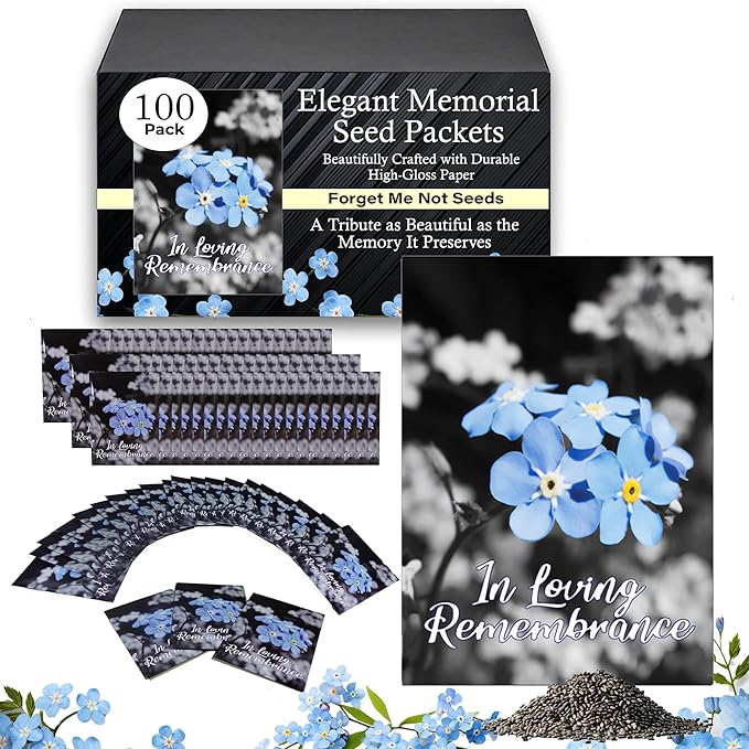 100pc Premium Pre-Filled Forget Me Not Seeds Packets Favors for Funerals, Funeral Decorations, Celebration of Life Decorations, Forget Me Not Seeds Packets, Celebration of Life Ideas, Memorial Cards