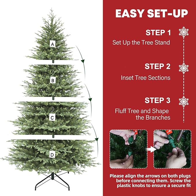Hykolity 9ft Pre-lit Artificial Christmas Tree with 600 Warm White LED Lights, 5149 PE&PVC Realistic Branch Tips, Metal Stand and Hinged Branches Included