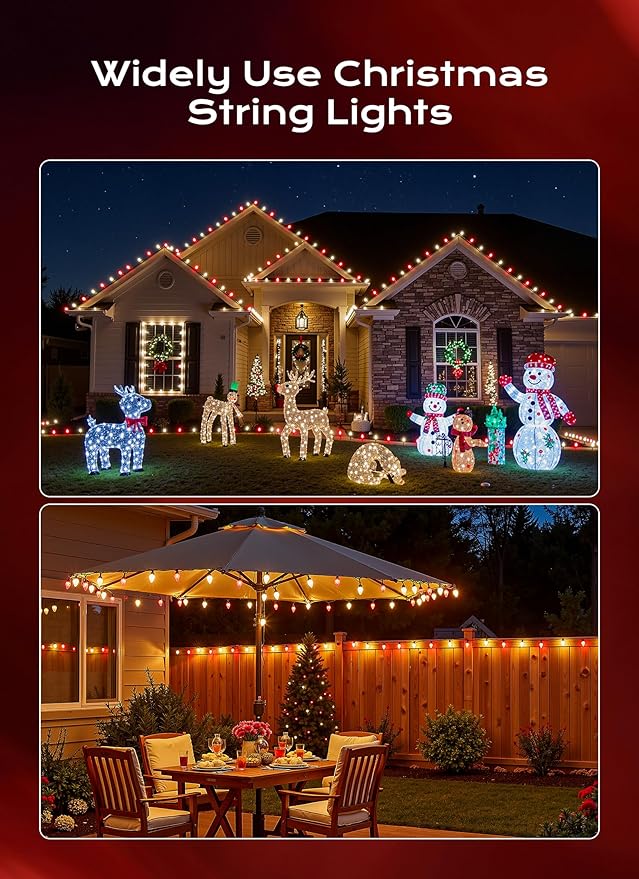 C9 Christmas Lights Outdoor, 66 FT 100 LED Connectable C9 String Lights with 8 Modes and Timer Xmas Tree Patio Roofline Garden Yard Holiday Party Indoor Outdoor Decoration, Red and Warm White