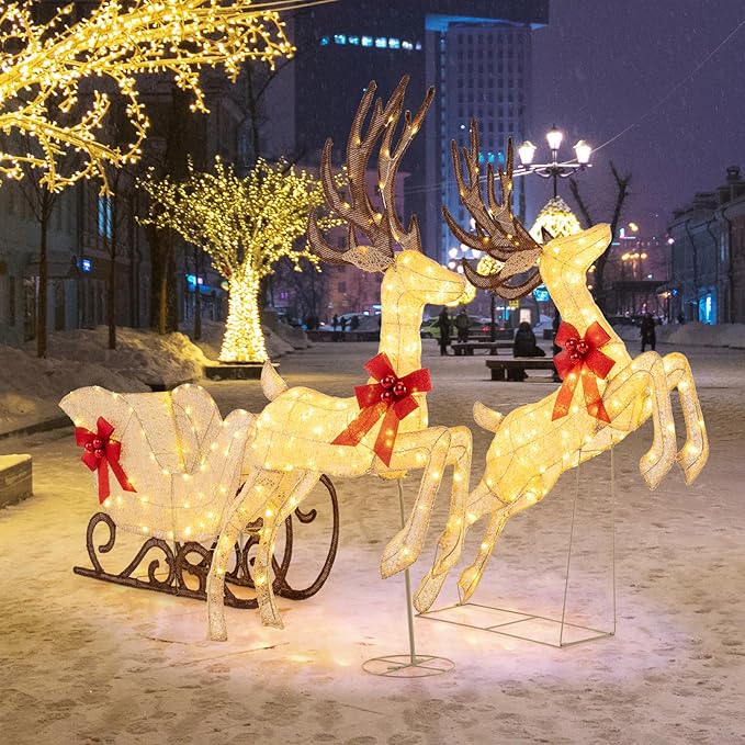 Tangkula 3-Piece Christmas Lighted Reindeer & Sleigh Set, 7 FT Lighted Xmas Holiday Outdoor Yard Decoration Set with Ground Stakes, Indoor & Outdoor Holiday Yard Display for Lawn, Garden