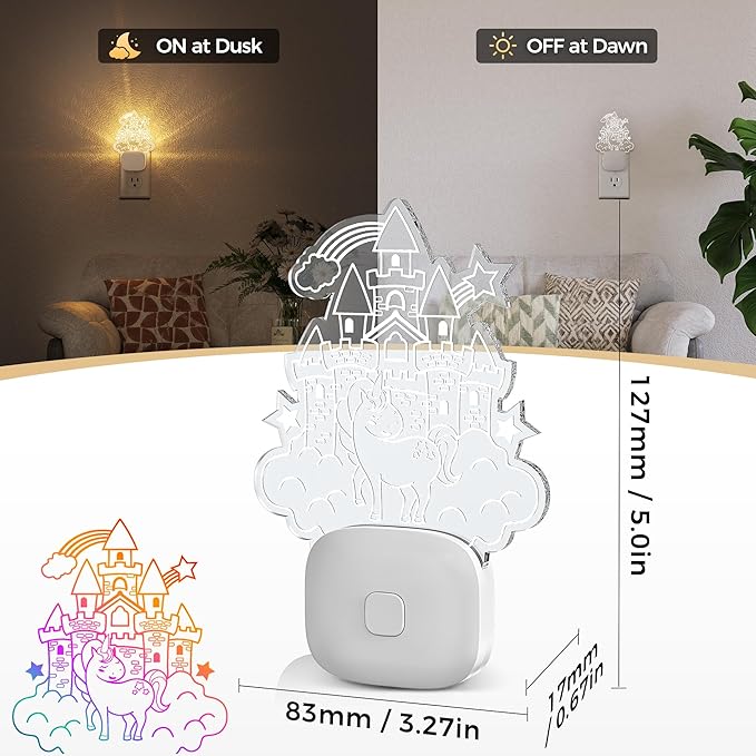 DORESshop Cute Night Light for Kids [2 Pack], Night Lights Plug Into Wall, Acrylic Carved Castle 8 Color Changing Baby NightLight with Dusk to Dawn Sensor, LED Night Lights for Children Girls Bedroom