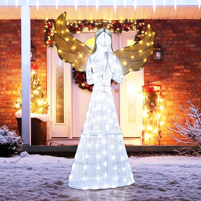 Tangkula 5 FT Lighted Christmas Angel, Light-up Winged Xmas Angel with 150 LED Lights, Zip Ties & Ground Stakes, Pre-Lit 3D Glittered Angel Decoration for Yard, Garden, Lawn & Indoor Display