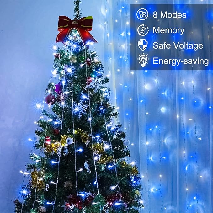 66FT 200 LED Christmas Lights Outdoor, Plug in Christmas String Lights Indoor, Waterproof & 8 Modes & Timer Function, Connectable Fairy Twinkle Light for Bedroom Classroom Wedding Decor, Blue White
