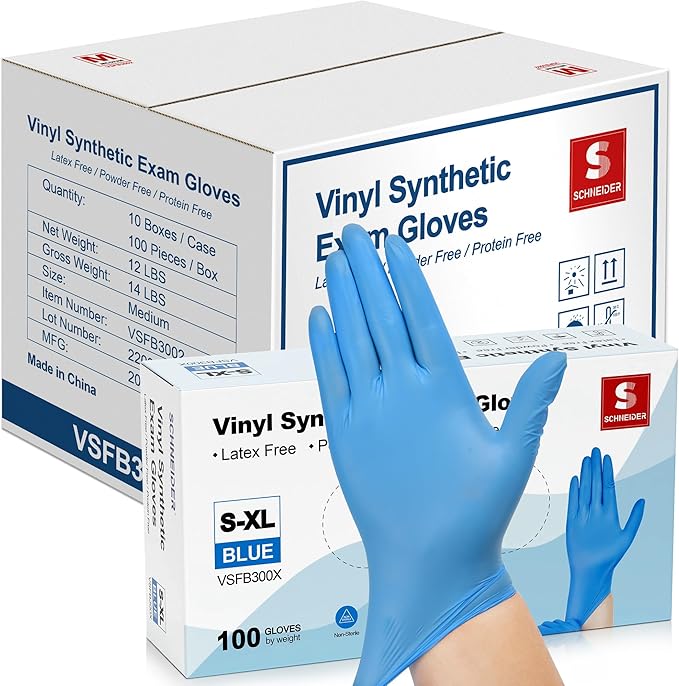 Schneider Vinyl Synthetic Exam Gloves, 4 Mil, Latex Free Disposable Gloves for Medical, Cooking, Cleaning, and Food Prep