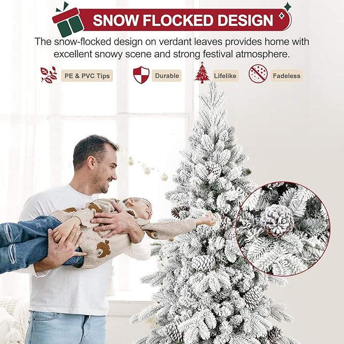 9 FT Snow Flocked Slim Fir Christmas Tree with 2138 PE & PVC Mixed Branch Tips,Unlit Artificial Skinny Pencil Xmas Tree with 52 Pine Cones,Hinged Premium Xmas Trees for Home,Office,Party Decoration