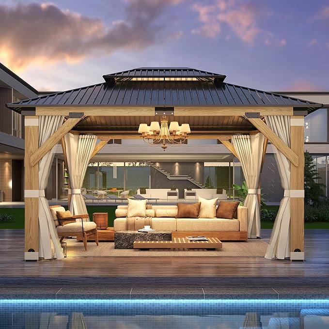 GARTOO 11’x13’ Outdoor Wooden Gazebo, Patio Galvanized Steel Wood Gazebo with Privacy Curtains and Netting, Vented Double Roof Hardtop Pavilion for Garden, Porch, Lawn, Poolside, Backyard, Deck