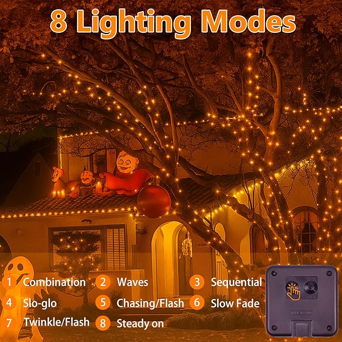 Extra-Long 144FT Solar String Lights for Outside, 2 Pack 400LED Solar Christmas Lights Outdoor, Waterproof Copper Wire with 8 Modes Twinkle Fairy Lights for Tree Garden Party Christmas Decor (Orange)