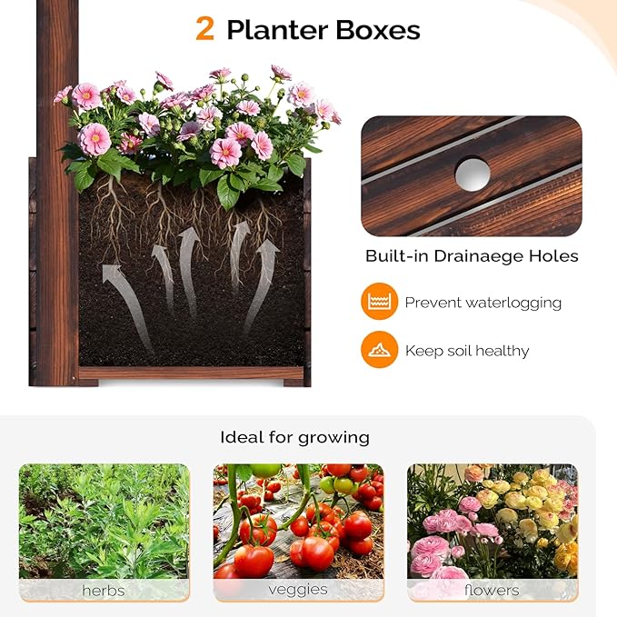 VINGLI Wooden Garden Arbor with Planter, Wedding Arch for Ceremony, Wood Garden Arbour Trellis for Plant Climbing, Pergola for Garden Backyard, Lawn, Outdoor (Carbonized Wood)