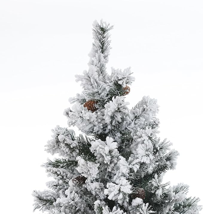 LuxenHome 7ft Flocked Christmas Tree with Lights, Full Artificial Christmas Tree with 350 Warm White LED Lights, and Snow Flocked Branches, Prelit Pine Tree for Indoor, Outdoor Holiday Décor