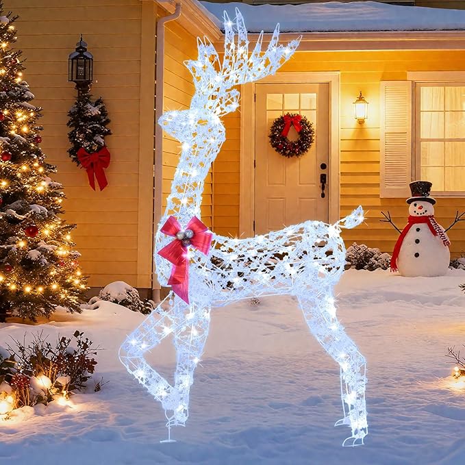 Tangkula 5 FT Lighted Christmas Reindeer, 3D Standing Lighted Buck Deer with LED Lights, Indoor/Outdoor Lighted Holiday Decor for Yards Garden Lawn Patio