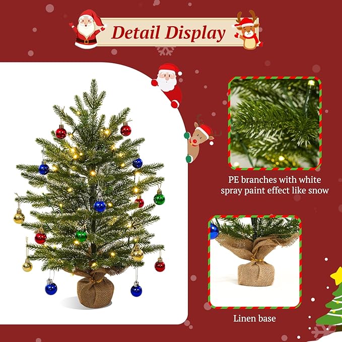 Uten Mini Christmas Tree Small Christmas Balls 18 PE Whitewash/1 Linen Base 50 LED Waterproof Battery Box with Christmas Decorations for Home, Office, Party