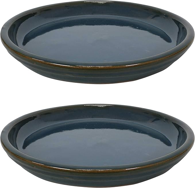 Sunnydaze 12-Inch Ceramic Plant Saucers - Plant Drip Trays for Outdoor Planter Flower Pot Drainage - Set of 2 - Forest Lake Green