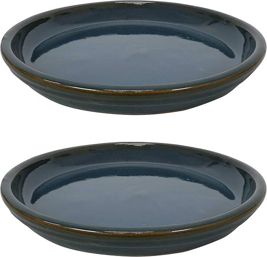 Sunnydaze 12-Inch Ceramic Plant Saucers - Plant Drip Trays for Outdoor Planter Flower Pot Drainage - Set of 2 - Forest Lake Green