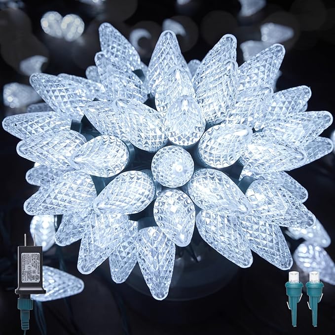 C9 LED Christmas Lights Outdoor, 81 Feet 100 LED String Lights With Timer & 8 Lighting Mode, Waterproof Commercial Grade Extendable for Indoor Outside Roofline Patio Home Xmas Decoration, Pure White