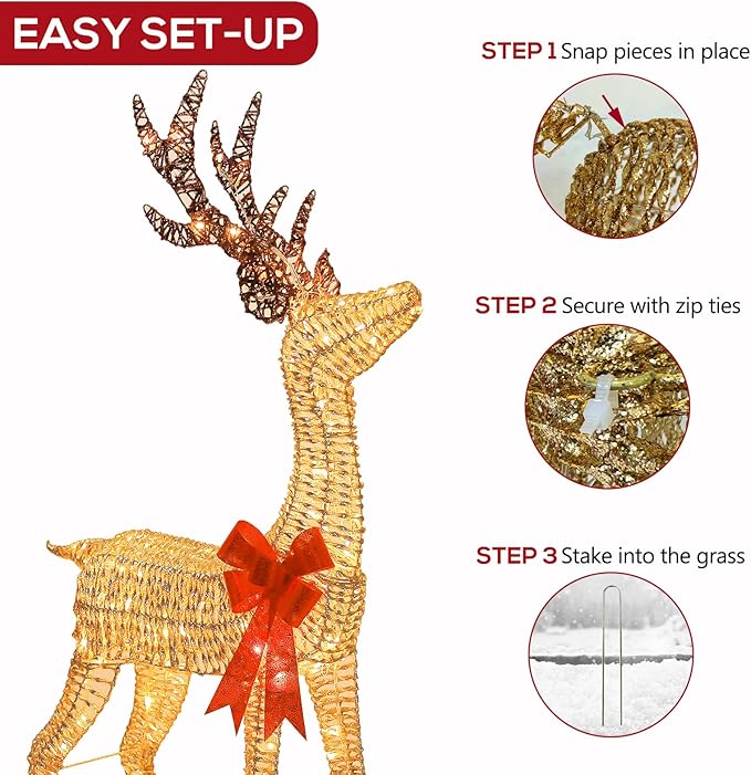 Hykolity 4.5 FT 3D Lighted Outdoor Christmas Deer Family Set, 3- Piece Christmas Reindeers with 230 Warm White LED Lights, Yard Decoration with Stakes, Zip Ties, Gold