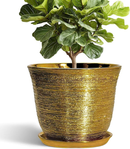 Ceramic Pots for Plants - 12 Inch Planter for Indoor Outdoor, Round Plant Pot with Drainage Hole and Saucer, Decorative Large Planter, Modern Flower Pots, House Decor, Garden Gifts, Gold